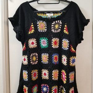 Umgee flutter sleeve crochet front A line top Size S New linen cotton